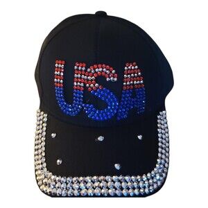 NEW Womans American Flag Patriotic Baseball Rhinestone Bling Black Hat Cap